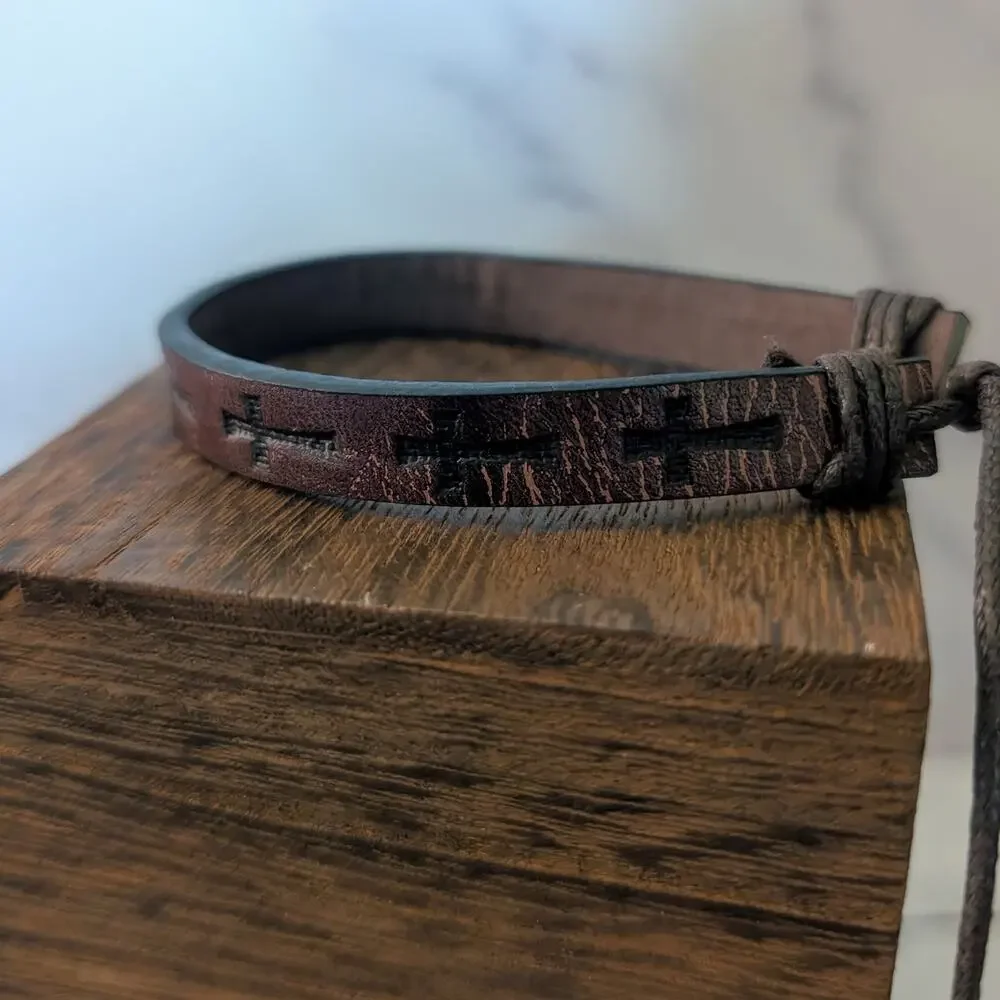 Brown Adjustable Bracelet with Embossed Cross - Fair Condition